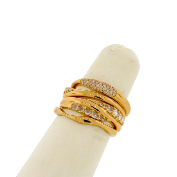 18K YELLOW GOLD MINE AND BRILLIANT CUT DIAMOND , ON 4 WAVY STYLE STACKING BANDS