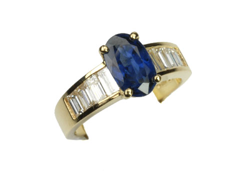 Blue Sapphire Ring with Baguette Diamonds