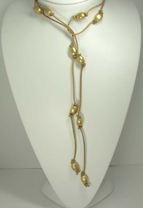 Nanis Leather and Gold Oval Bead Necklace