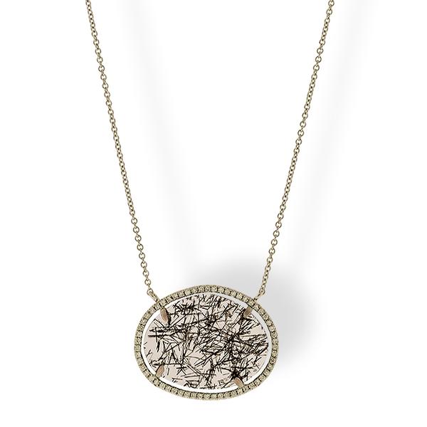 Gray Rutlated Quartz, 18k Gold, and Diamond Necklace