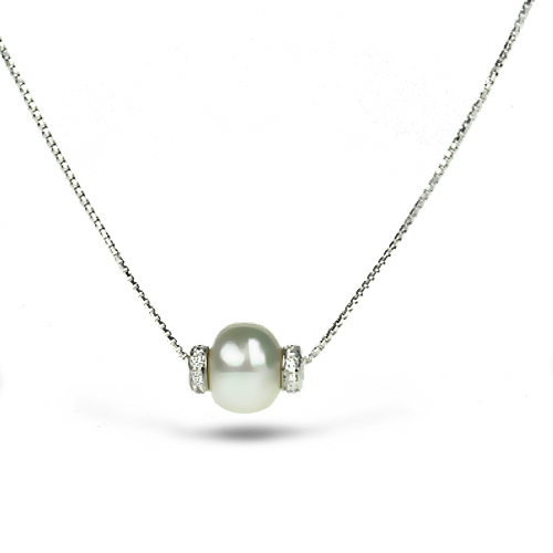 18k White Gold Chain w/ Pearl and Diamonds